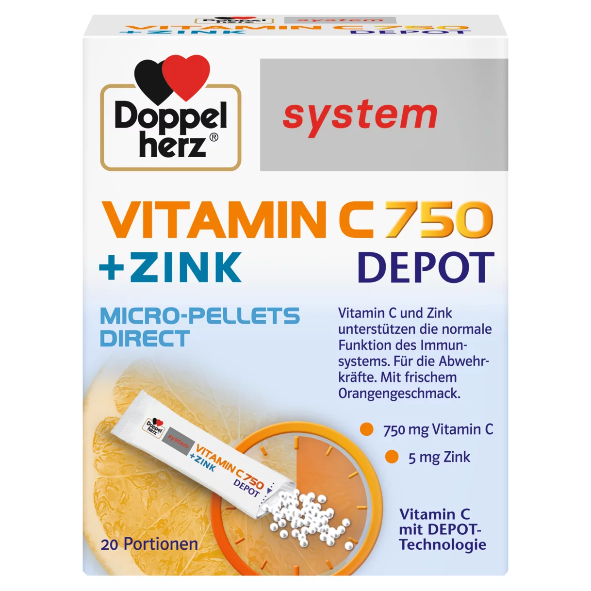 Abbildung der Produktverpackung Doppelherz system VITAMIN C 750 DEPOT Frontansicht